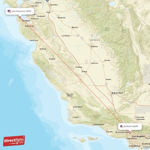 Burbank - San Francisco direct flight map