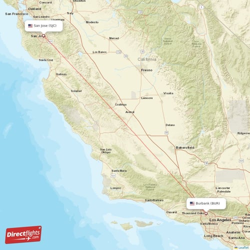 Burbank - San Jose direct flight map