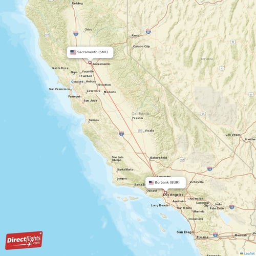 Burbank - Sacramento direct flight map