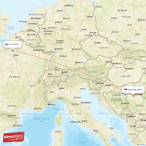 Paris - Belgrade direct flight map