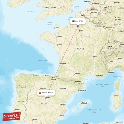 Paris - Madrid direct flight map
