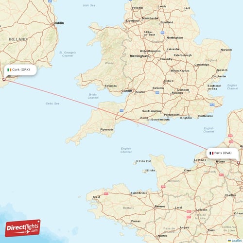 Paris - Cork direct flight map