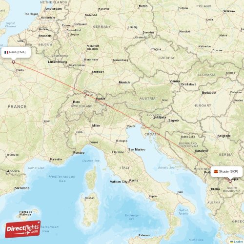 Paris - Skopje direct flight map