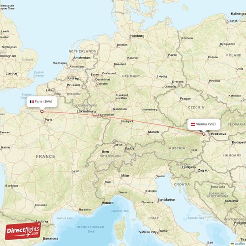 Paris - Vienna direct flight map