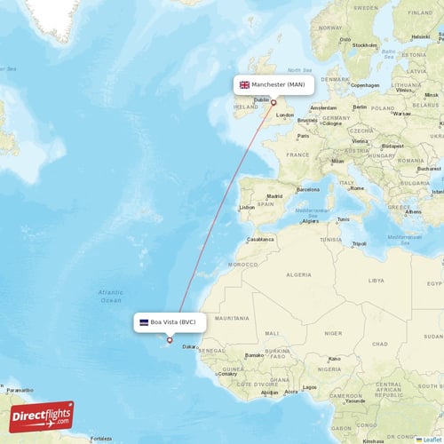 Boa Vista - Manchester direct flight map