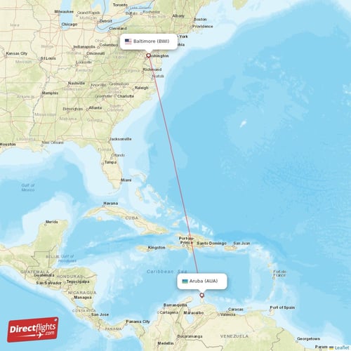 Baltimore - Aruba direct flight map