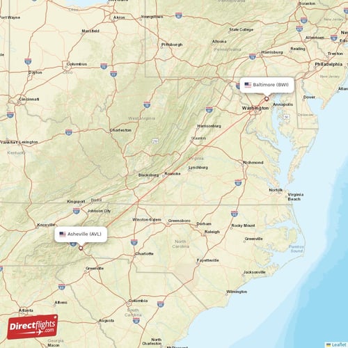 Baltimore - Asheville direct flight map