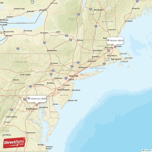 Baltimore - Boston direct flight map