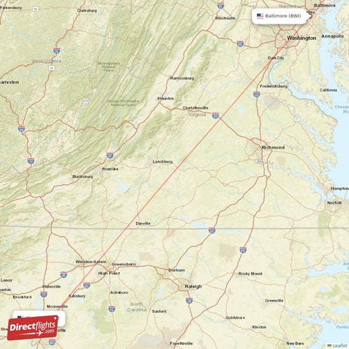 Baltimore - Charlotte direct flight map
