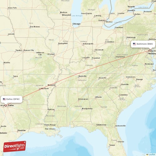 Baltimore - Dallas direct flight map