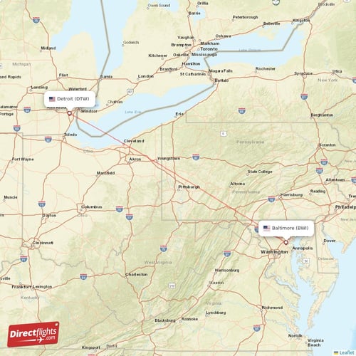 Baltimore - Detroit direct flight map