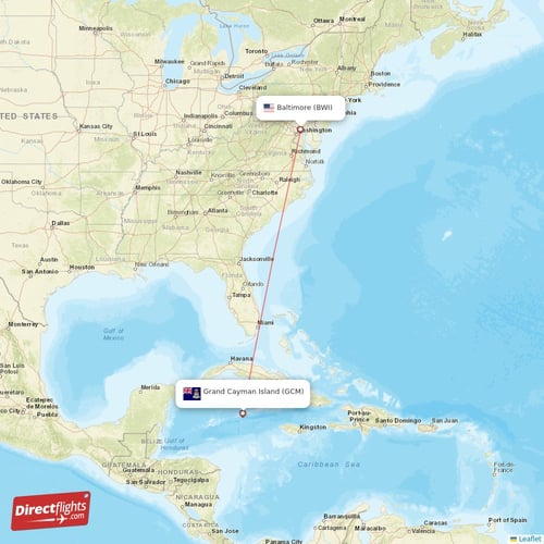 Baltimore - Grand Cayman Island direct flight map