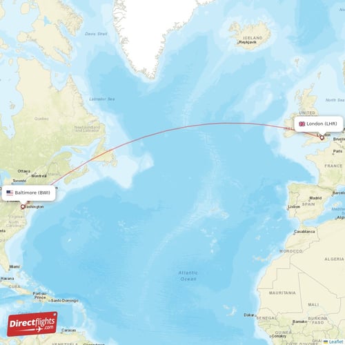 Baltimore - London direct flight map