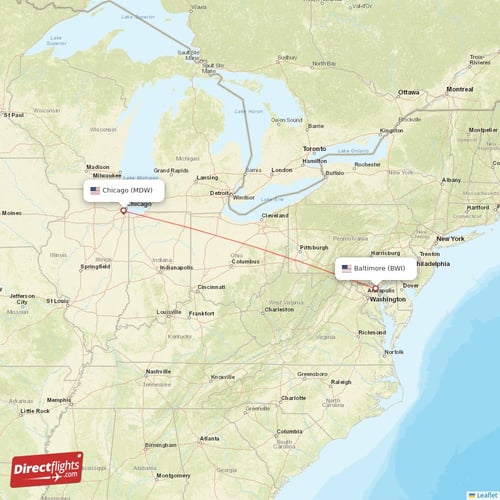 Baltimore - Chicago direct flight map