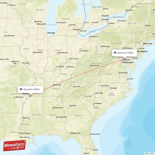Baltimore - Memphis direct flight map