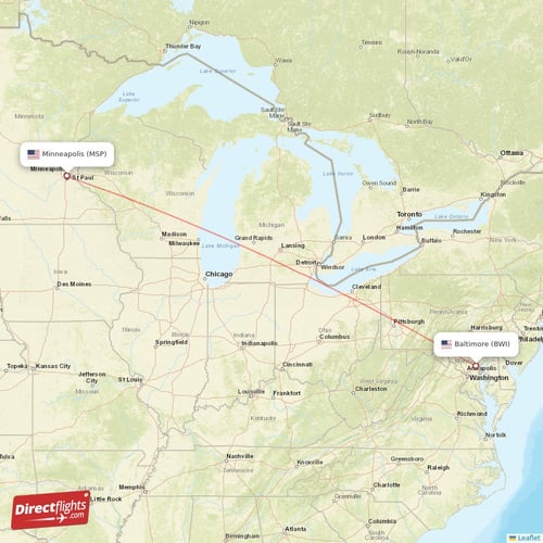 Baltimore - Minneapolis direct flight map