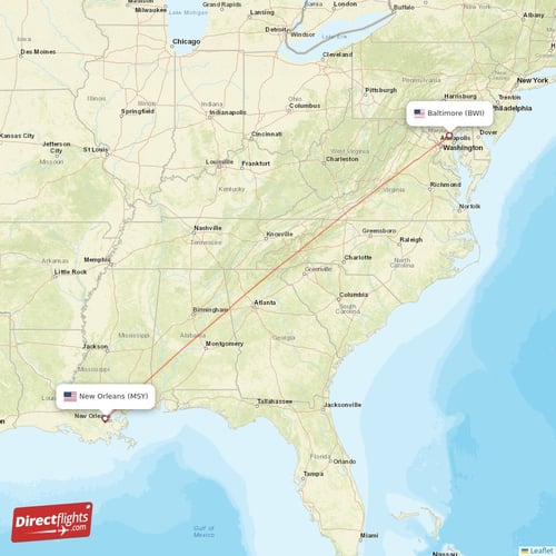 Baltimore - New Orleans direct flight map