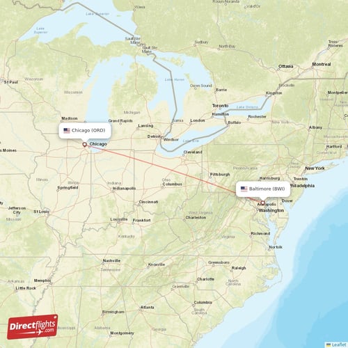 Baltimore - Chicago direct flight map
