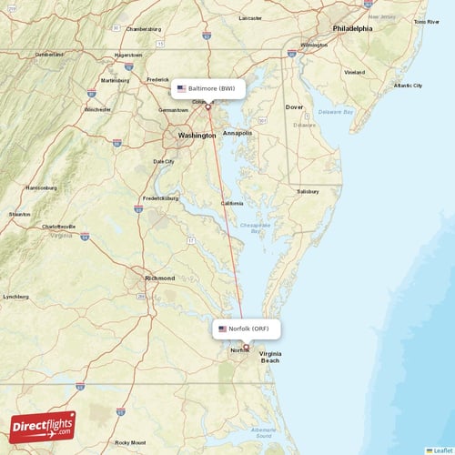 Baltimore - Norfolk direct flight map