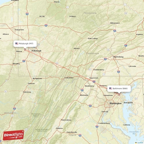 Baltimore - Pittsburgh direct flight map