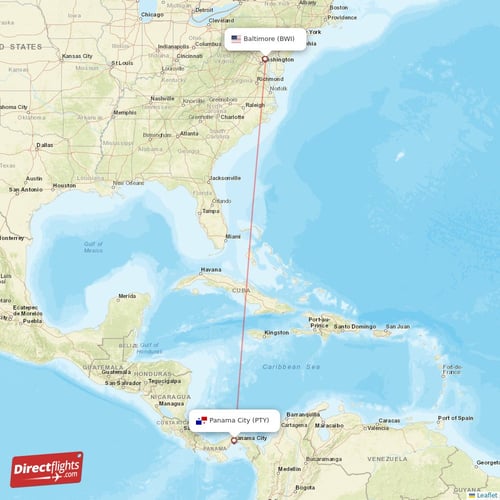 Baltimore - Panama City direct flight map