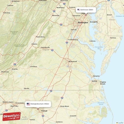 Baltimore - Raleigh/Durham direct flight map