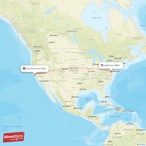 Baltimore - San Francisco direct flight map