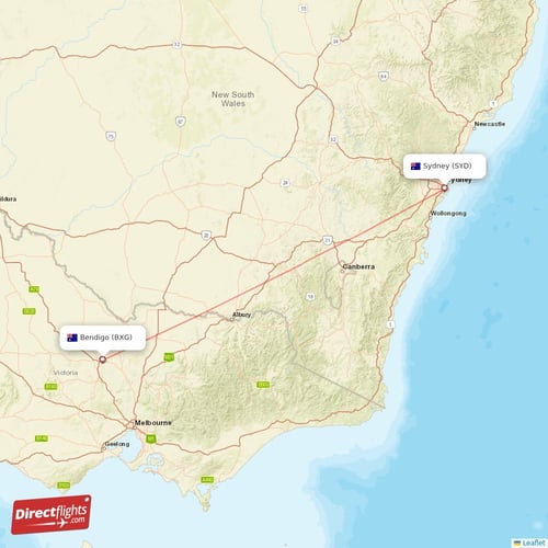 Bendigo - Sydney direct flight map
