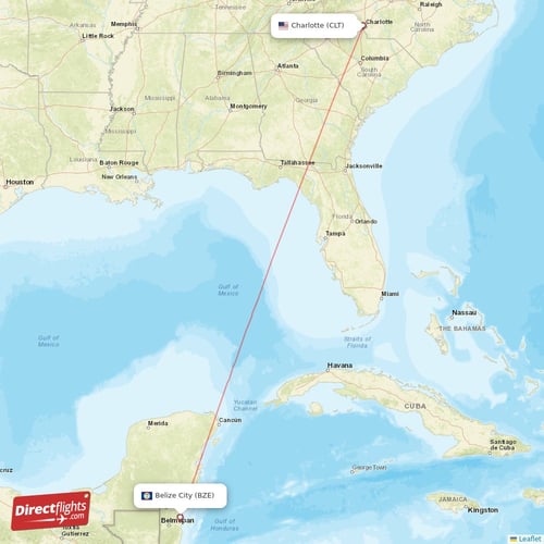 Belize City - Charlotte direct flight map