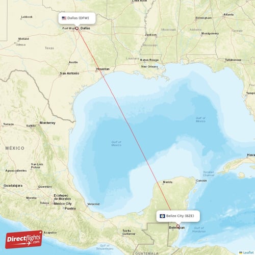 Belize City - Dallas direct flight map