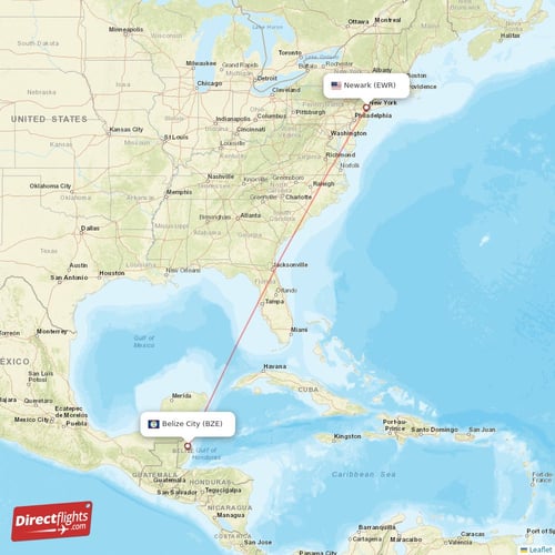 Belize City - New York direct flight map