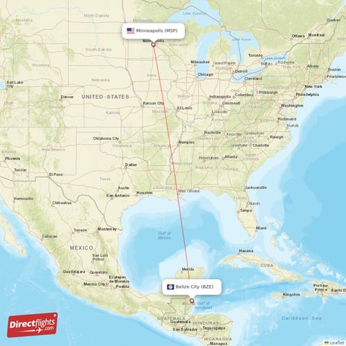Belize City - Minneapolis direct flight map