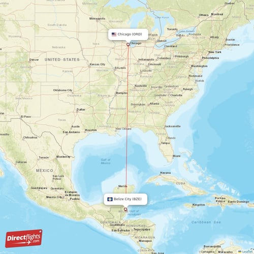 Belize City - Chicago direct flight map