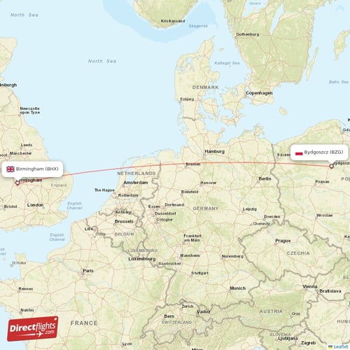 Bydgoszcz - Birmingham direct flight map