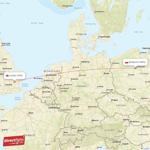 Bydgoszcz - London direct flight map