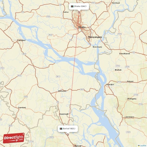Barisal - Dhaka direct flight map