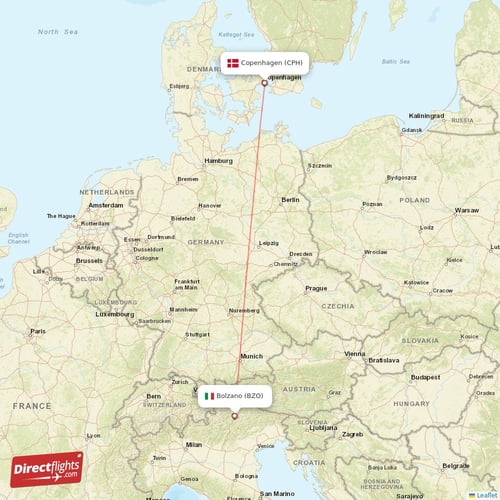 Bolzano - Copenhagen direct flight map