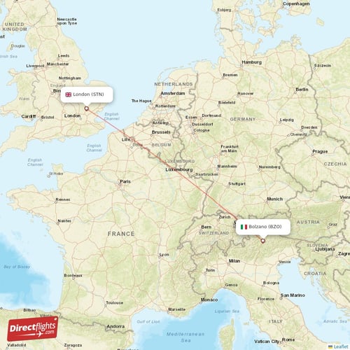 Bolzano - London direct flight map