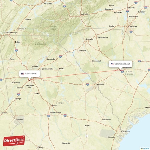 Columbia - Atlanta direct flight map