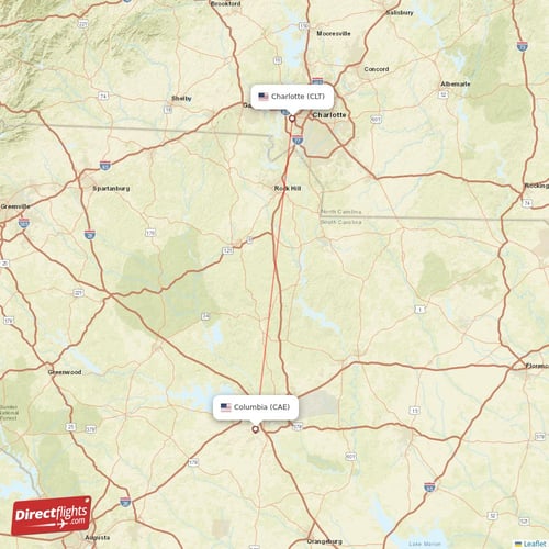 Columbia - Charlotte direct flight map