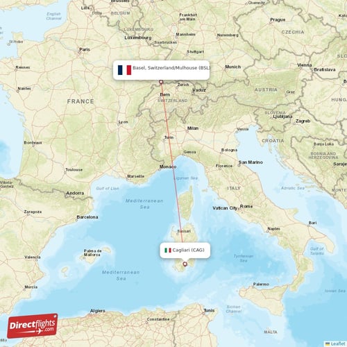 Cagliari - Basel, Switzerland/Mulhouse direct flight map