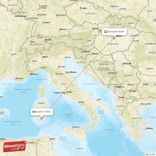 Cagliari - Budapest direct flight map
