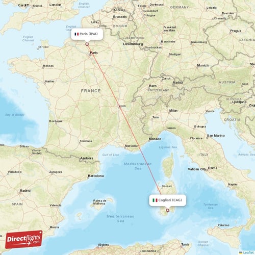 Cagliari - Paris direct flight map
