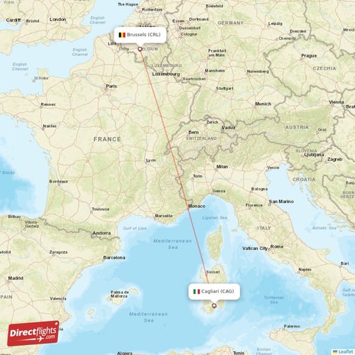 Cagliari - Brussels direct flight map