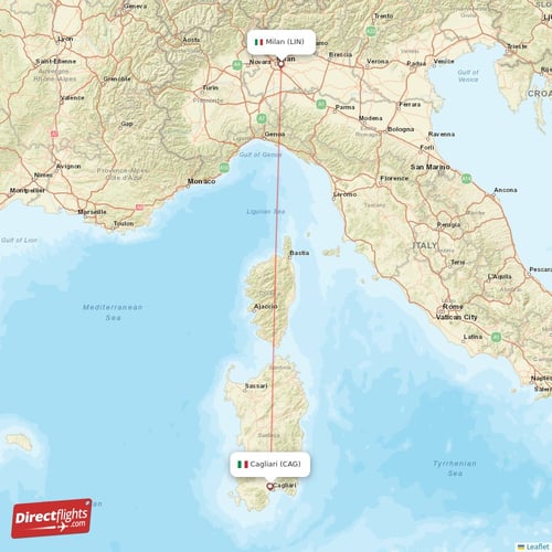 Cagliari - Milan direct flight map