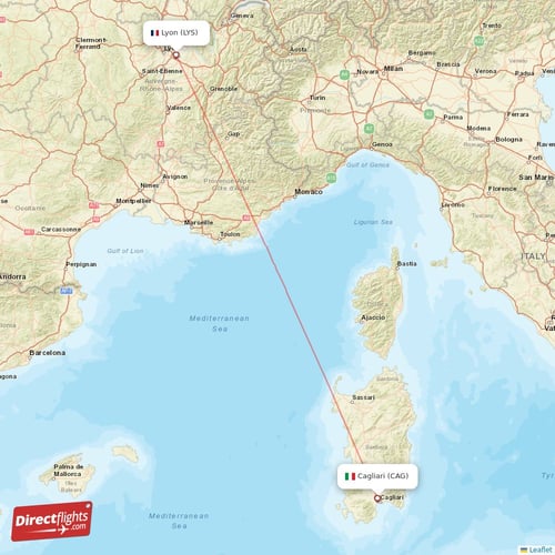 Cagliari - Lyon direct flight map