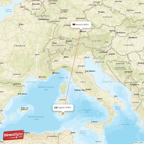 Cagliari - Munich direct flight map