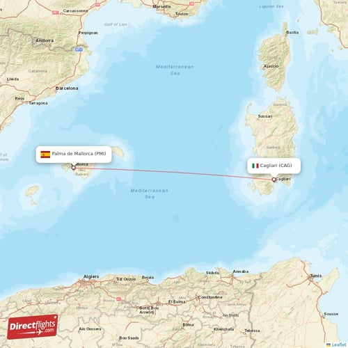 Cagliari - Palma de Mallorca direct flight map