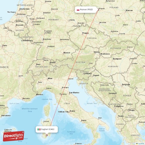 Cagliari - Poznan direct flight map