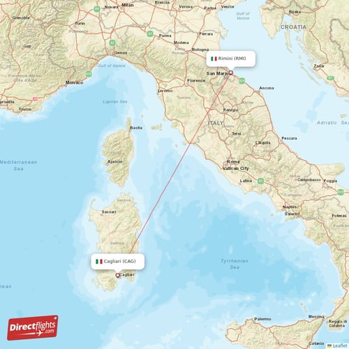 Cagliari - Rimini direct flight map